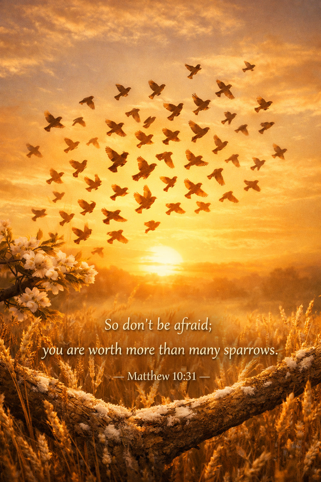 Matthew 10:31 vertical wallpaper flock of sparrows flying from wheat field into golden sunset - worth more
